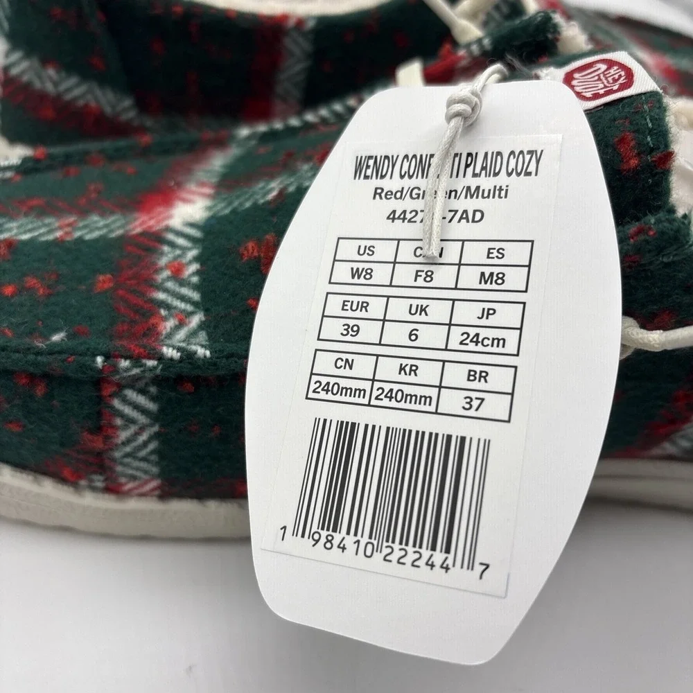 Hey Dude Wendy Confetti Plaid Cozy Shoes‎ Slip On Red Green Size 8 Womens